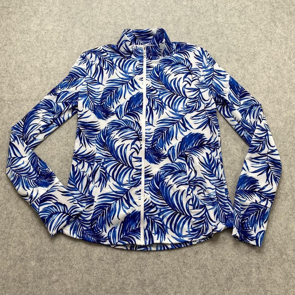 Tommy Bahama Golf Jacket Womens Medium Blue Palm Print Full Zip Lightweight